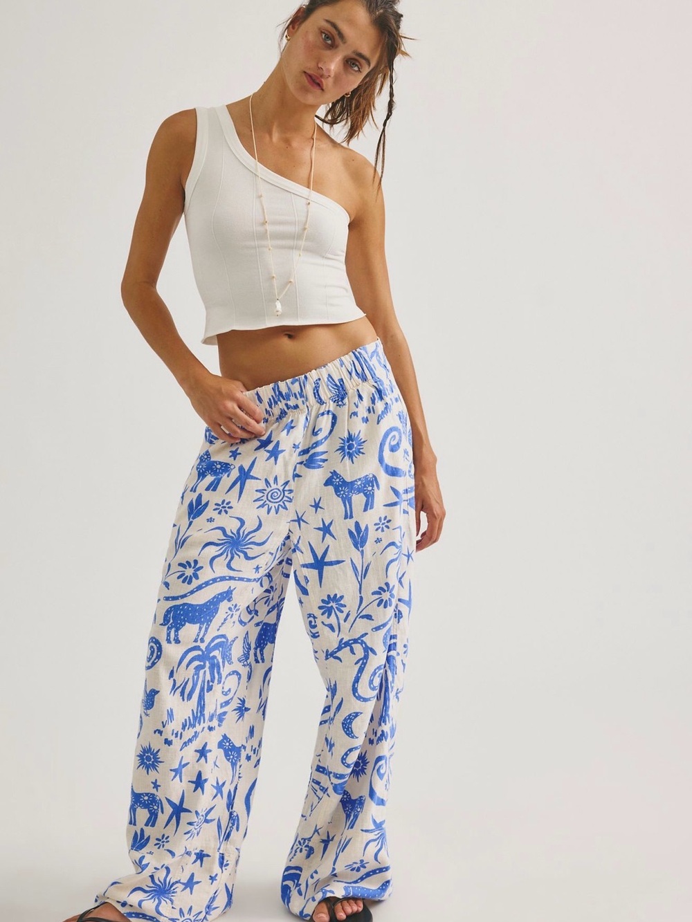 Free People Cream Wide-Leg Pants with Blue Nature Print